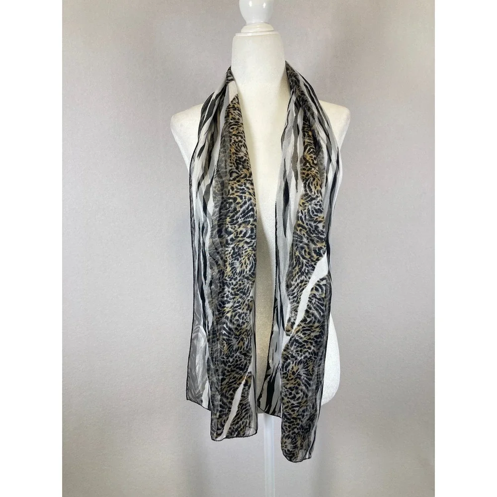 Safari Chic Women OS Black Tan‎ Animal Print Mixed Zebra Leopard Scarf
